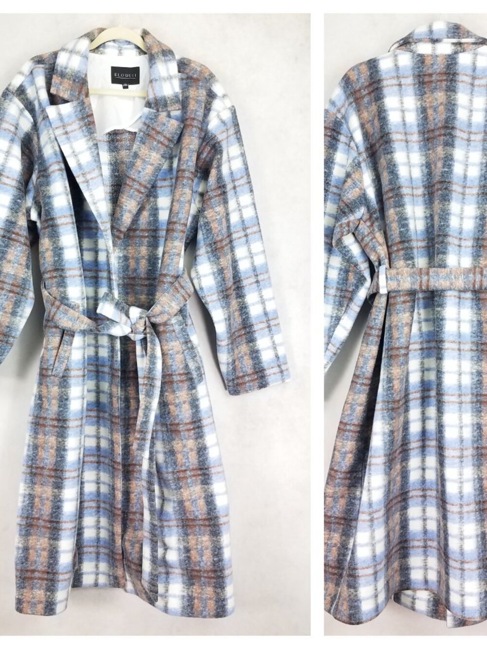 NEW Eloquii Wrap Robe Coat Trench Full Length Blue Plaid Trench Size 22/24 NWOT
